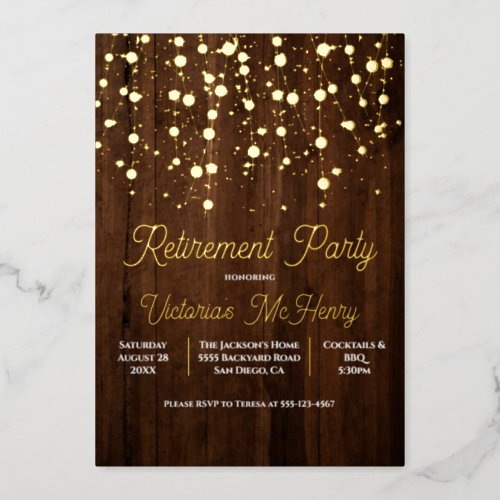 Rustic Wood String of lights Retirement Party Foil Invitation