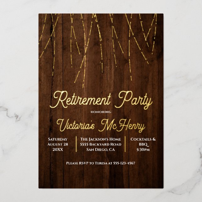 Rustic Wood String of lights Retirement Party Foil Invitation (Front)