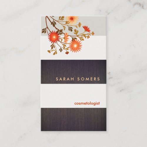 Modern Wood Stripes Orange Flowers Cosmetology Business Card Template