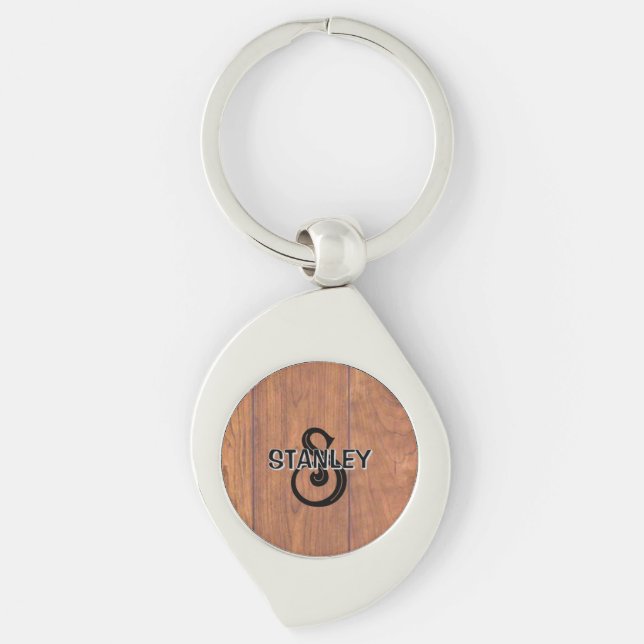 Rustic Wood-Style Personalized Metal Keychain (Front)