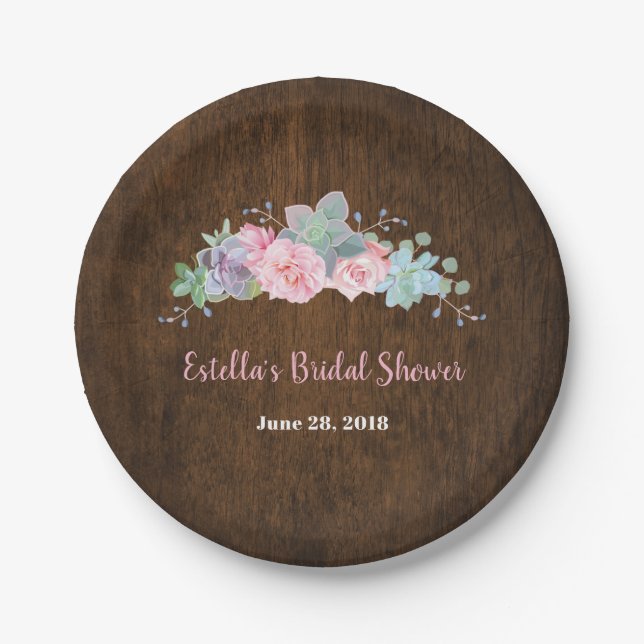 Rustic Wood Succulent Bridal Shower Plates (Front)
