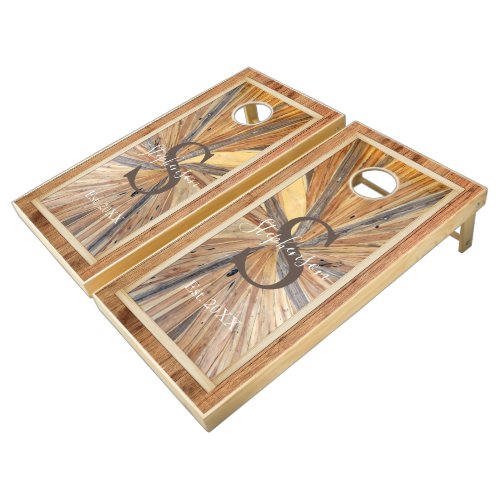 Rustic Wood Sunburst Design Cornhole Set