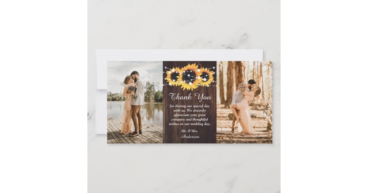Rustic Wood Sunflower 2 Photo Thank You Card | Zazzle