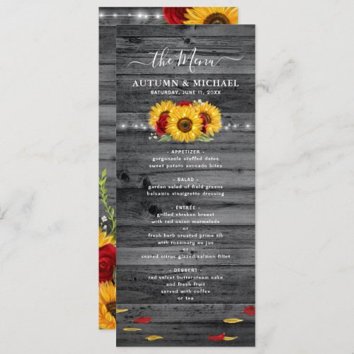 Rustic Wood Sunflower and Red Rose Wedding Menu