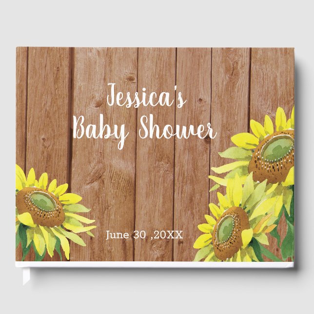 Rustic Wood Sunflower Baby Shower Guest Book (Front)