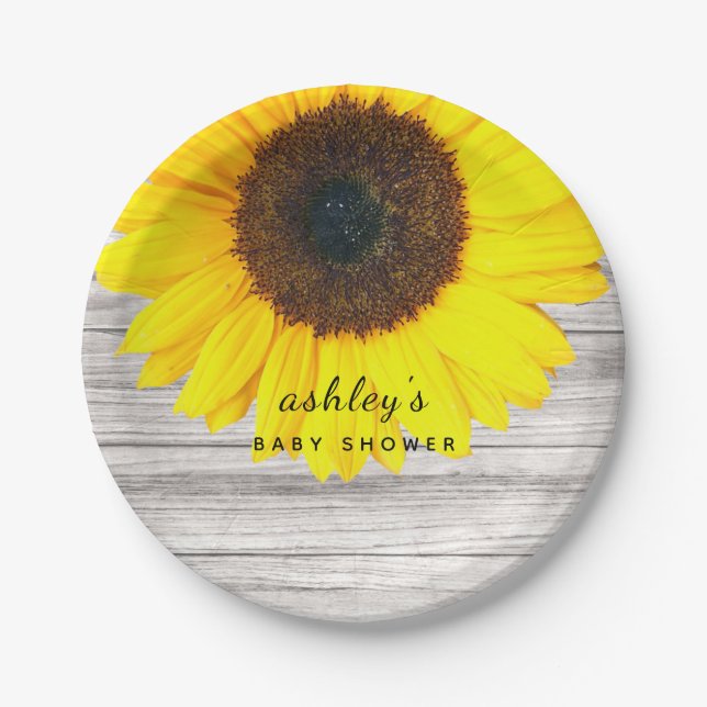 Rustic Wood Sunflower Baby Shower Personalized Paper Plates (Front)