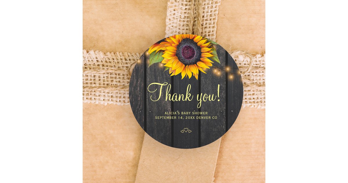 Rustic wood sunflower baby shower thank you classic round sticker | Zazzle