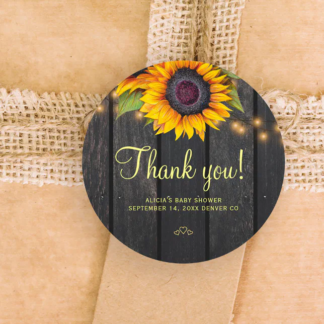 Rustic wood sunflower baby shower thank you classic round sticker | Zazzle