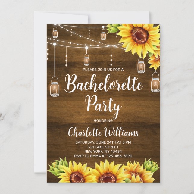Rustic Wood Sunflower Bachelorette Party Invitation (Front)