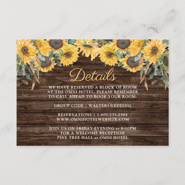 Rustic Wood Sunflower Barn Wedding Details Enclosure Card (Front)