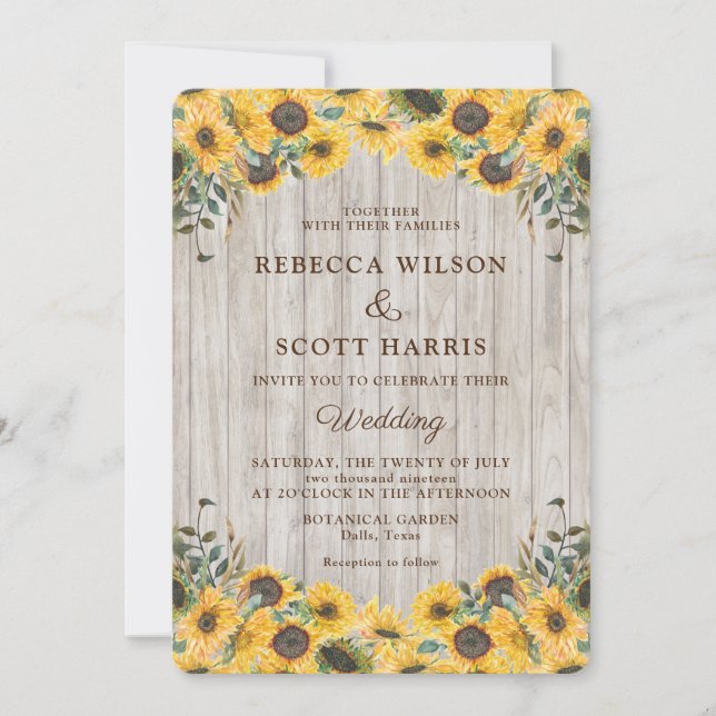 Rustic Wood Sunflower Barn Wedding Invitation (Front)