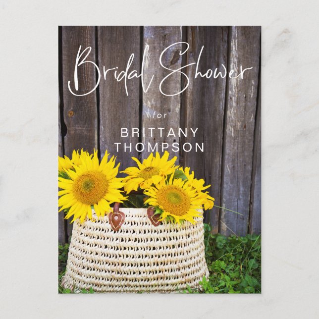 Rustic Wood Sunflower Basket Bridal Shower Invitation Postcard (Front)
