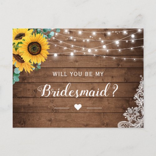 Rustic Wood Sunflower Be My Bridesmaid Proposal Postcard - Rustic Wood Sunflower Be My Bridesmaid Proposal Postcard. 
(1) For further customization, please click the "customize further" link and use our design tool to modify this template.
(2) If you need help or matching items, please contact me.