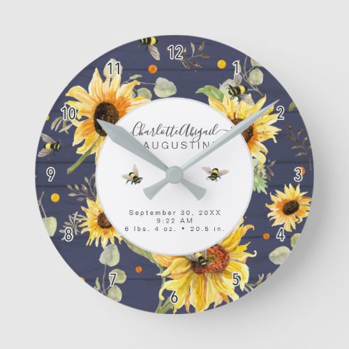 Rustic Wood Sunflower Bee Yellow Baby Birth Stats Round Clock