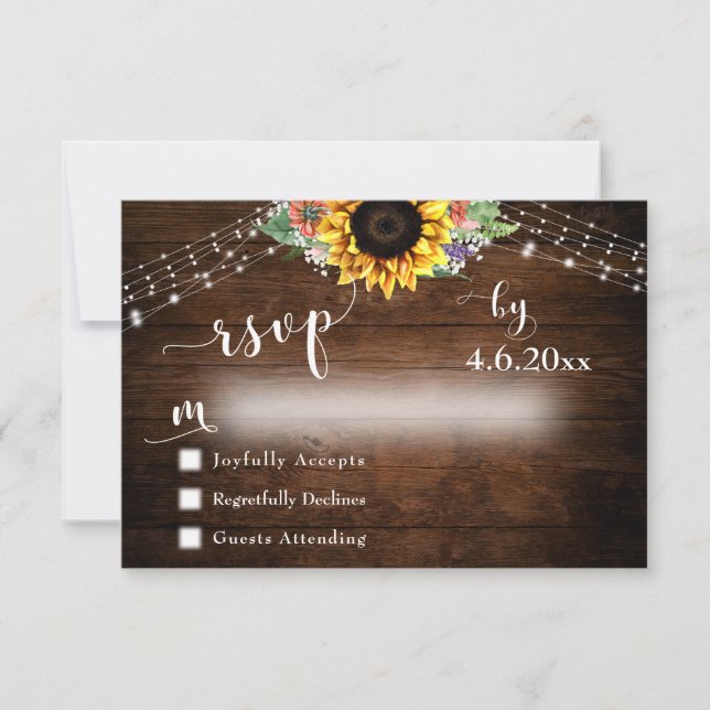 Rustic Wood Sunflower Bouquet & Lights Wedding RSVP Card (Front)