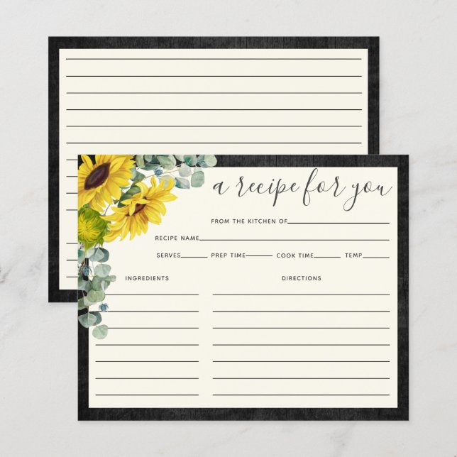 Rustic Wood Sunflower Bridal Shower Recipe Card (Front/Back)