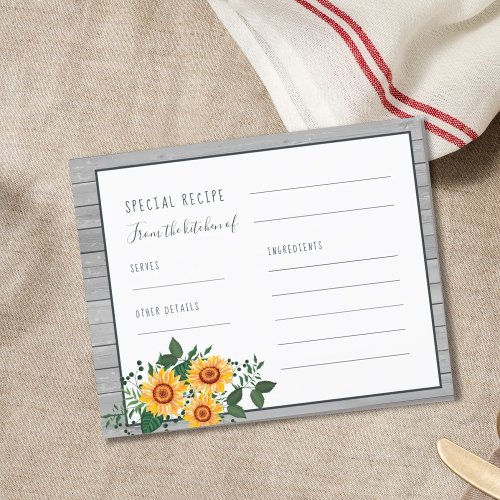 Rustic wood sunflower bridal shower recipe card