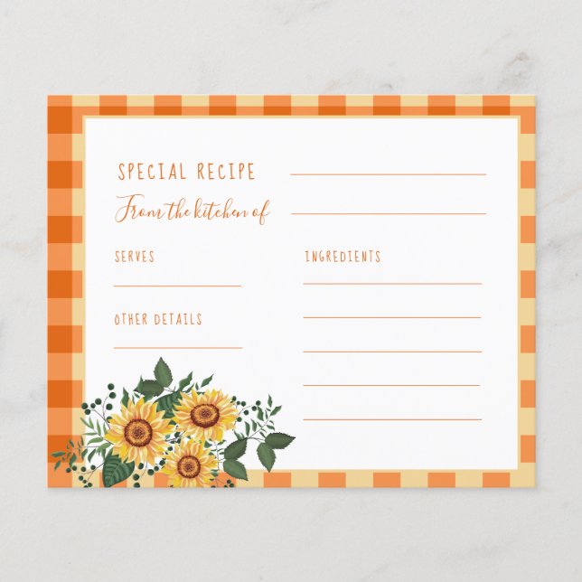 Rustic wood sunflower bridal shower recipe card (Front)