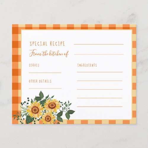 Rustic wood sunflower bridal shower recipe card