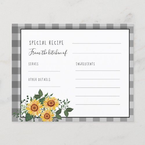 Rustic wood sunflower bridal shower recipe card