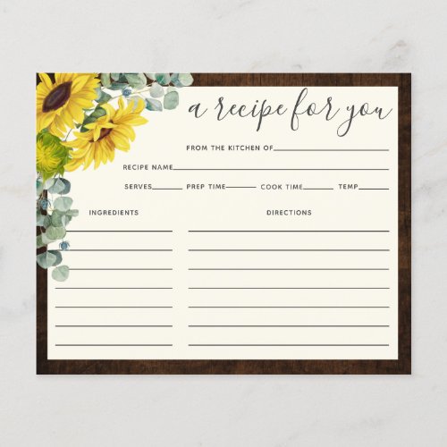 Rustic Wood Sunflower Bridal Shower Recipe Card