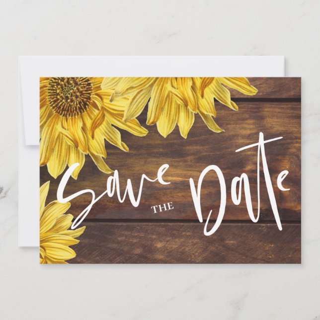 Rustic Wood Sunflower Bright Yellow Wedding Save The Date (Front)