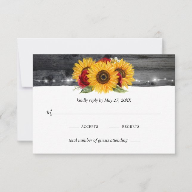 Rustic Wood Sunflower Burgundy Red Rose Wedding RSVP Card (Front)
