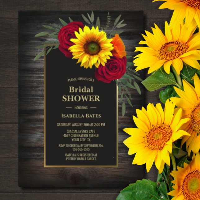 Rustic Wood Sunflower Burgundy Rose Bridal Shower Invitation (Creator Uploaded)