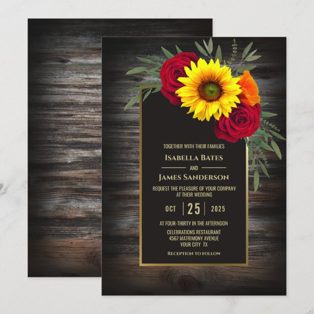 Rustic Wood Sunflower Burgundy Rose Wedding Invitation (Front/Back)