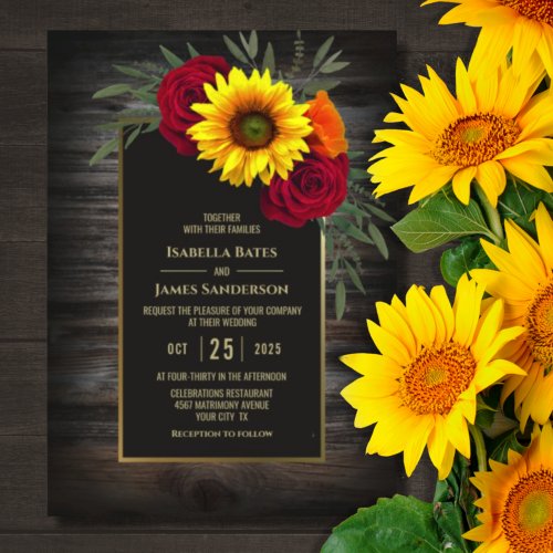 Rustic Wood Sunflower Burgundy Rose Wedding Invitation