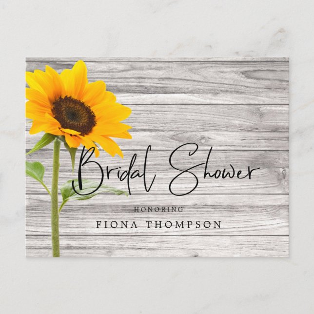 Rustic Wood Sunflower Calligraphy Bridal Shower Invitation Postcard (Front)