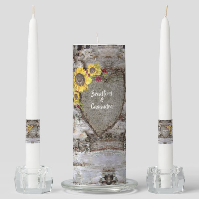 Rustic Wood Sunflower Carved Heart  Family Name Unity Candle Set (Front)