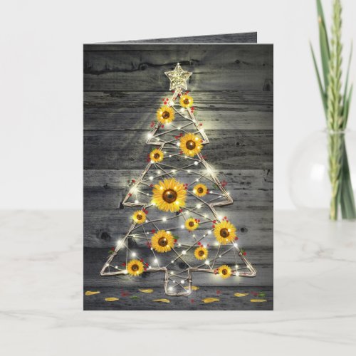 Rustic Wood Sunflower Christmas Tree Holiday Card