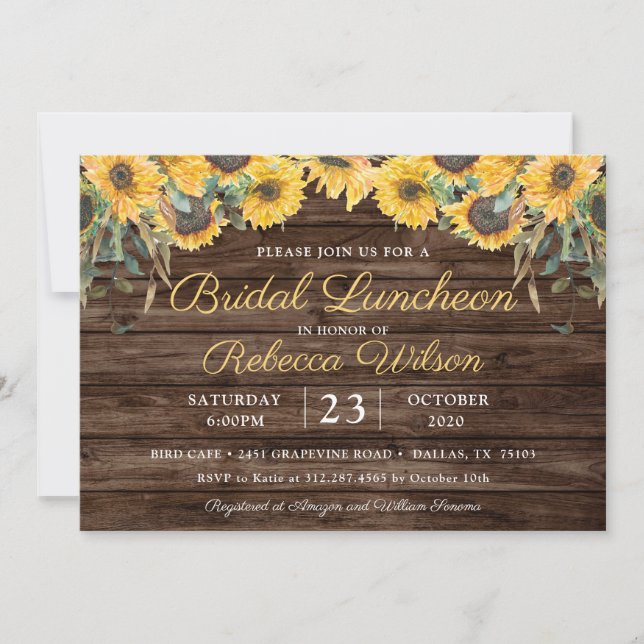 Rustic Wood Sunflower Country Barn Bridal Luncheon Invitation (Front)