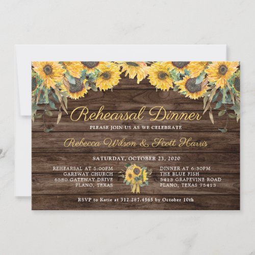 Rustic Wood Sunflower Country Rehearsal Dinner Invitation