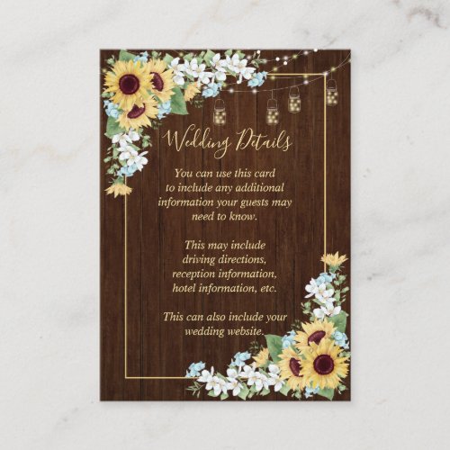 Rustic Wood Sunflower Dusty Blue Floral Details Enclosure Card