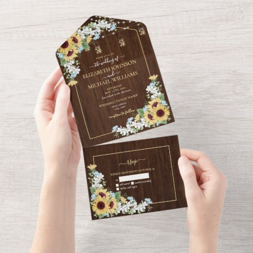 Rustic Wood Sunflower Dusty Blue Floral No Menu All In One Invitation