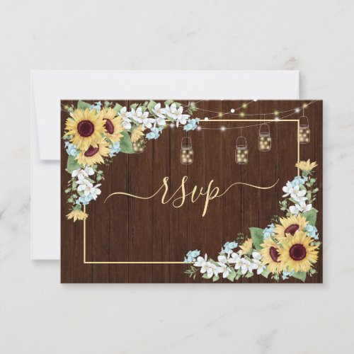 Rustic Wood Sunflower Dusty Blue Floral RSVP Card