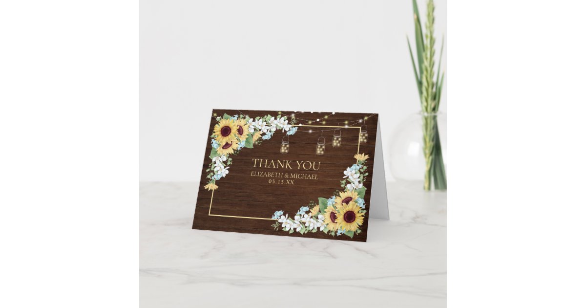 Rustic Wood Sunflower Dusty Blue Floral Thank You Card | Zazzle
