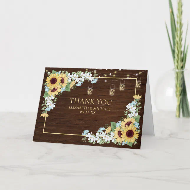 Rustic Wood Sunflower Dusty Blue Floral Thank You Card | Zazzle