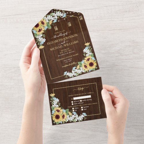 Rustic Wood Sunflower Dusty Blue Floral Wedding All In One Invitation