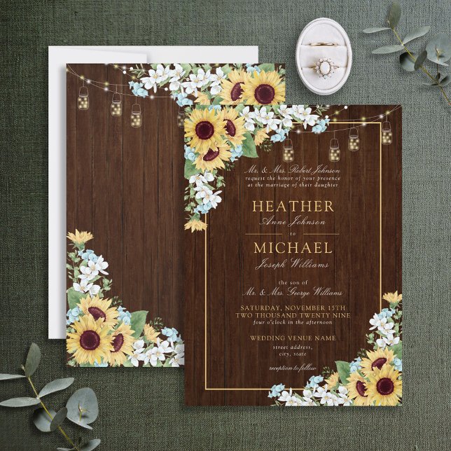 Rustic Wood Sunflower Dusty Blue Floral Wedding In Invitation (Creator Uploaded)