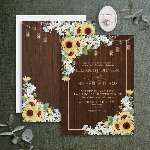 Rustic Wood Sunflower Dusty Blue Floral Wedding In Invitation