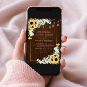 Rustic Wood Sunflower Dusty Blue Floral Wedding In Invitation