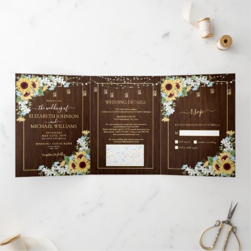 Rustic Wood Sunflower Dusty Blue Floral Wedding Tri_Fold Invitation