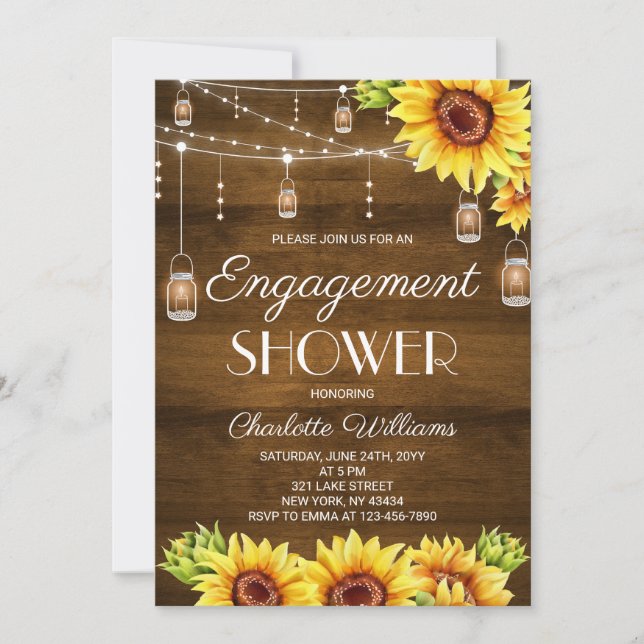 Rustic Wood Sunflower Engagement Shower Invitation (Front)