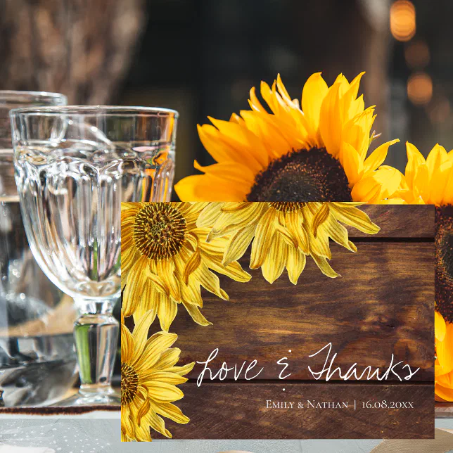 Rustic Wood Sunflower Fall Wedding Thank you Postcard | Zazzle