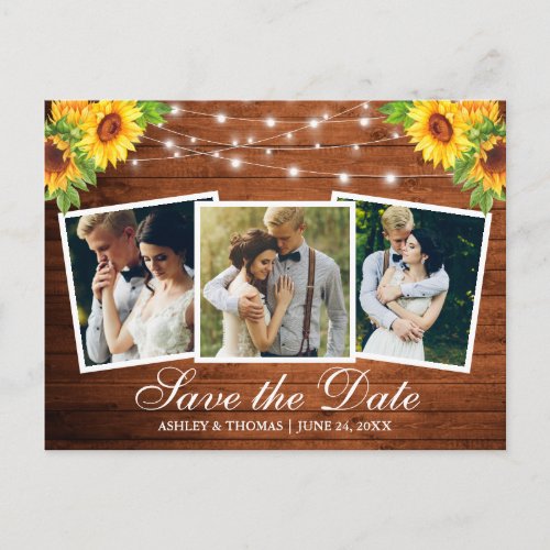Rustic Wood Sunflower Floral 3 Photo Save The Date Invitation Postcard
