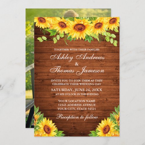 Rustic Wood Sunflower Floral Greenery Photo Invitation