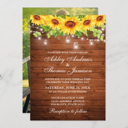 Rustic Wood Sunflower Floral Jar Lights Photo Invitation